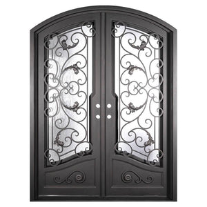 Double entryway doors featuring a full pane of glass behind an intricate iron pattern on each door. Doors are thermally broken to protect from extreme weather.