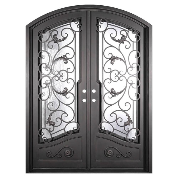 Hope iron door with efficient glass in bronze tone and arch.