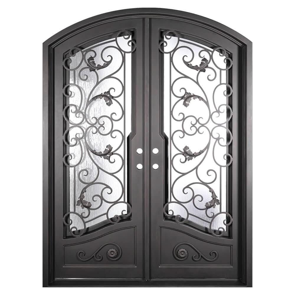 Double entryway doors featuring a full pane of glass behind an intricate iron pattern on each door.