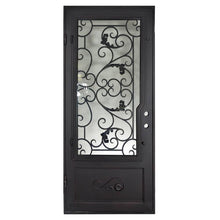 Load image into Gallery viewer, Single entryway door made with a thick iron and steel frame and a single paned window behind an intricate iron design. Door is thermally broken to protect from extreme weather.