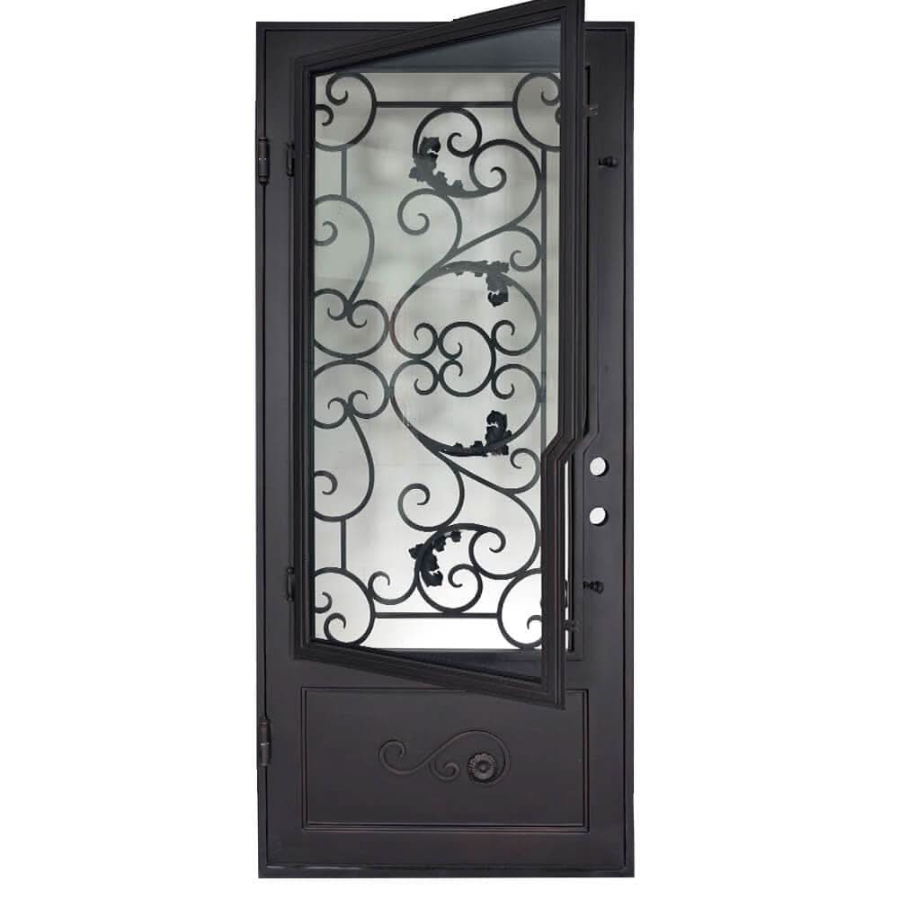 Hope straight top single flat door for cold weather with decorative metalwork.
