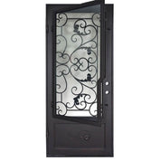Hope straight top single flat door for cold weather with decorative metalwork.