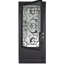 Load image into Gallery viewer, Single entryway door made with a thick iron and steel frame and a single paned window behind an intricate iron design. Door is thermally broken to protect from extreme weather.