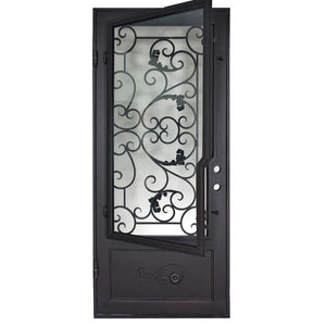 Single entryway door made with a thick iron and steel frame and a single paned window behind an intricate iron design. Door is thermally broken to protect from extreme weather.