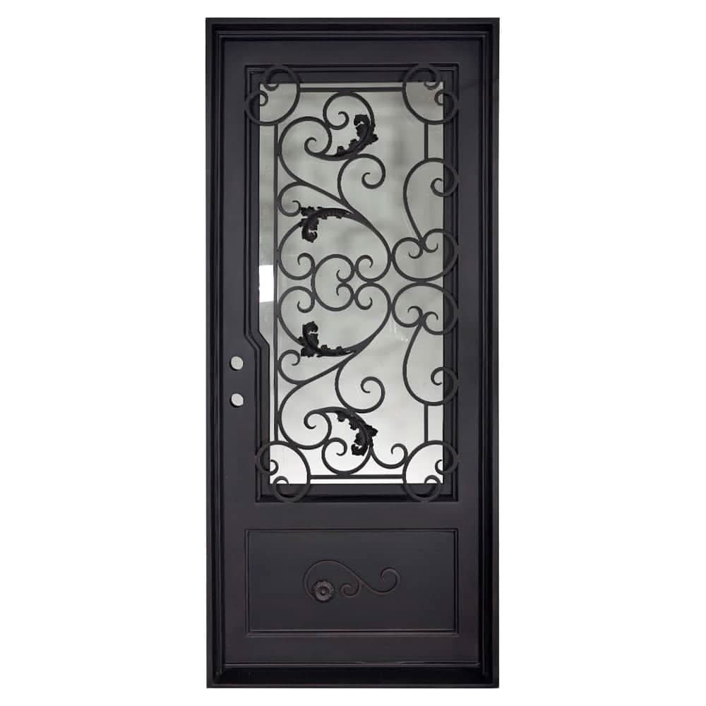 Hope Black exterior metal flat top single door with glass and scrollwork.