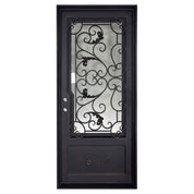 Hope Black exterior metal flat top single door with glass and scrollwork.
