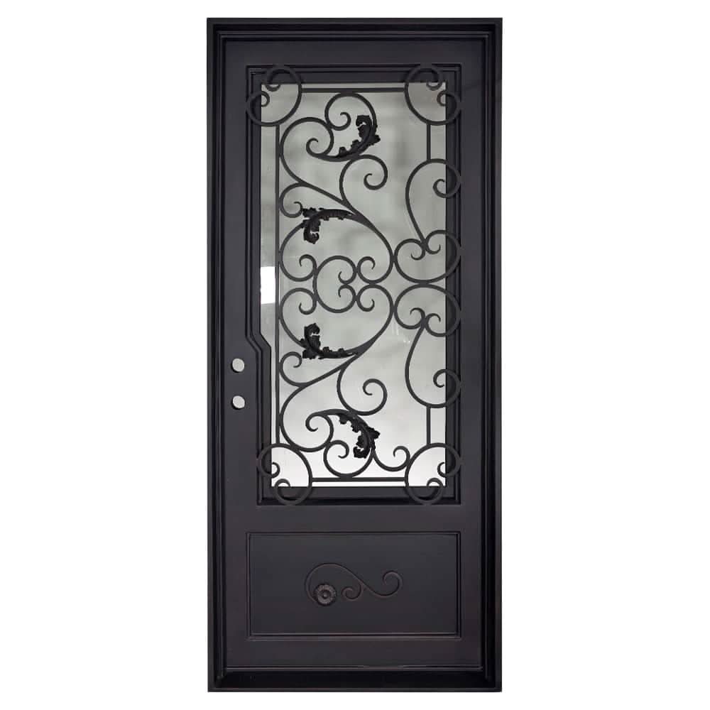 Hope flat top single flat entry door with thermal barrier and metal scrollwork.