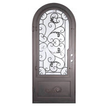 Load image into Gallery viewer, Single entryway door made with a thick iron and steel frame and a single paned window behind an intricate iron design. Door is thermally broken to protect from extreme weather.