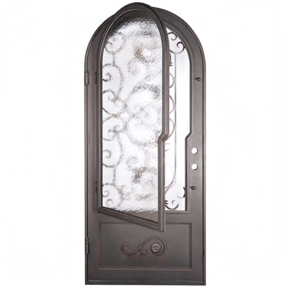 Hope black exterior metal single full arch entry door with decorative scrollwork.