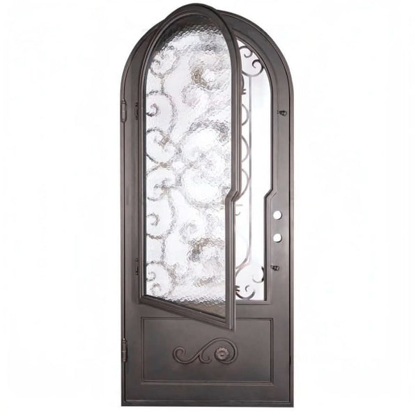 Hope black exterior metal single full arch entry door with decorative scrollwork.