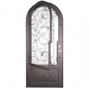 Single entryway door made with a thick iron and steel frame and a single paned window behind an intricate iron design. Door is thermally broken to protect from extreme weather.