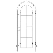 Load image into Gallery viewer, Single entryway door made with a thick iron and steel frame and a full arch. Door features a full length panel of glass behind iron detailing and is thermally broken to protect from extreme weather.