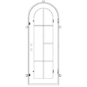 Single entryway door made with a thick iron and steel frame and a full arch. Door features a full length panel of glass behind iron detailing and is thermally broken to protect from extreme weather.