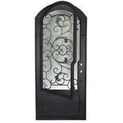 Hope pre-hung black cold rolled metal arch top door with ornate scrollwork.