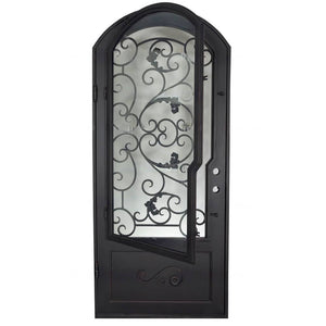 Single entryway door made with a thick iron and steel frame, a single paned window behind an intricate iron design, and a slight arch on top. Door is thermally broken to protect from extreme weather.