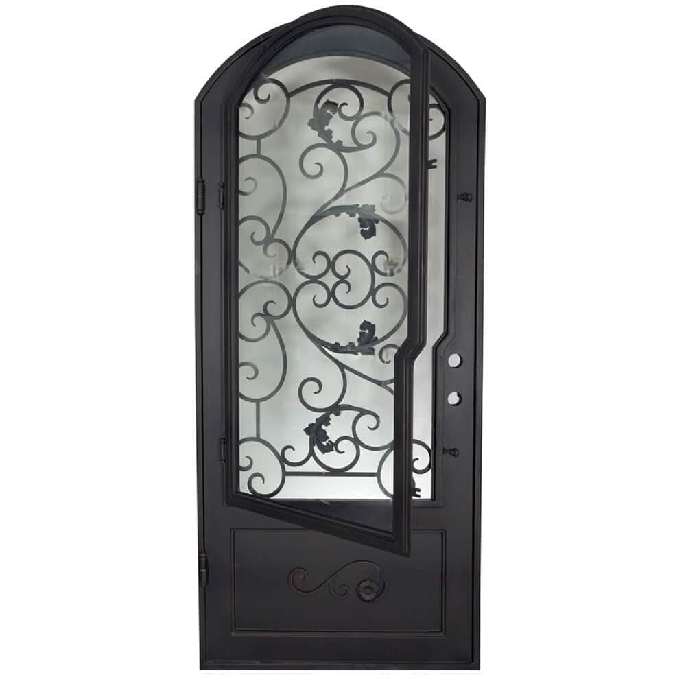 Hope black exterior iron single arch top door with double-pane glass.