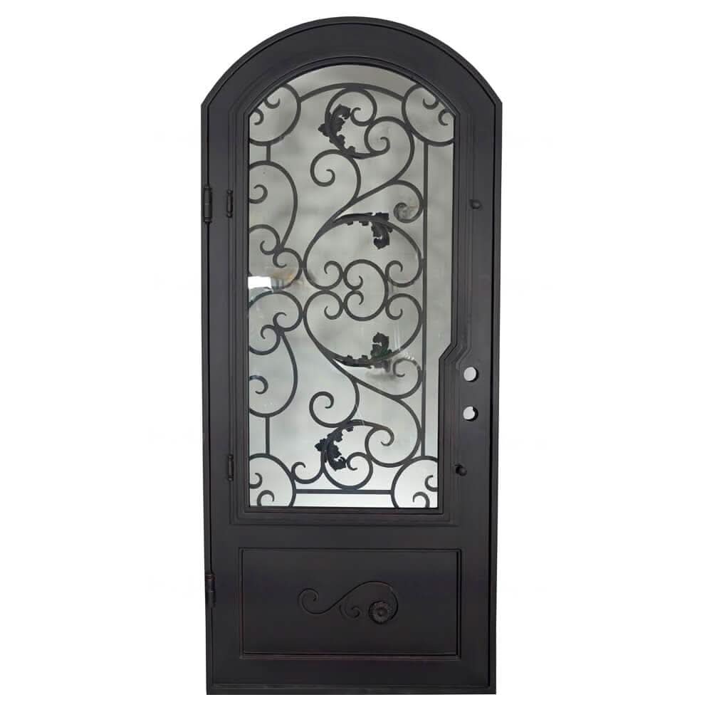 Hope bronze color iron single arch top front door with dual-pane glass.