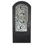 Hope bronze color iron single arch top front door with dual-pane glass.