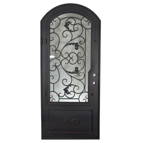 Hope bronze color iron single arch top front door with dual-pane glass.