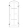 Single entryway door made with a thick iron and steel frame and a slight arch. Door features a full length panel of glass behind iron detailing.