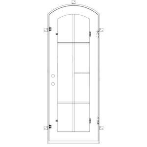 Single entryway door made with a thick iron and steel frame and a slight arch. Door features a full length panel of glass behind iron detailing.