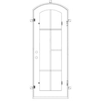 Single entryway door made with a thick iron and steel frame and a slight arch. Door features a full length panel of glass behind iron detailing and is thermally broken to protect from extreme weather.