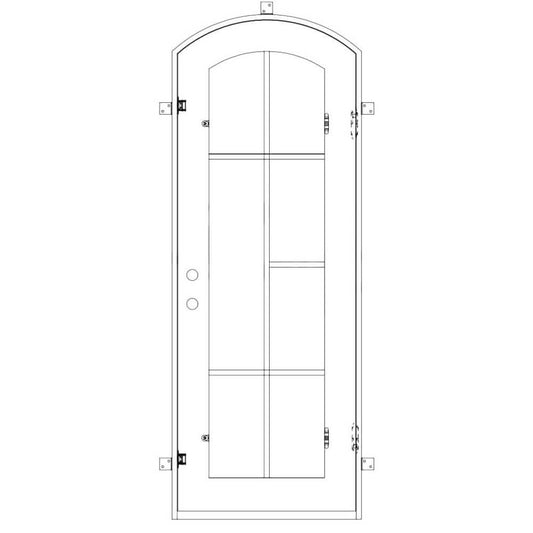 Single entryway door made with a thick iron and steel frame and a slight arch. Door features a full length panel of glass behind iron detailing and is thermally broken to protect from extreme weather.