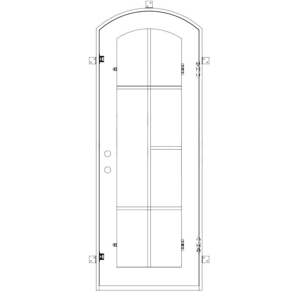 Single entryway door made with a thick iron and steel frame and a slight arch. Door features a full length panel of glass behind iron detailing and is thermally broken to protect from extreme weather.