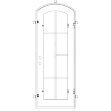 Load image into Gallery viewer, Single entryway door made with a thick iron and steel frame and a slight arch. Door features a full length panel of glass behind iron detailing.