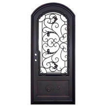 Load image into Gallery viewer, Single entryway door made with a thick iron and steel frame, a single paned window behind an intricate iron design, and a slight arch on top. Door is thermally broken to protect from extreme weather.
