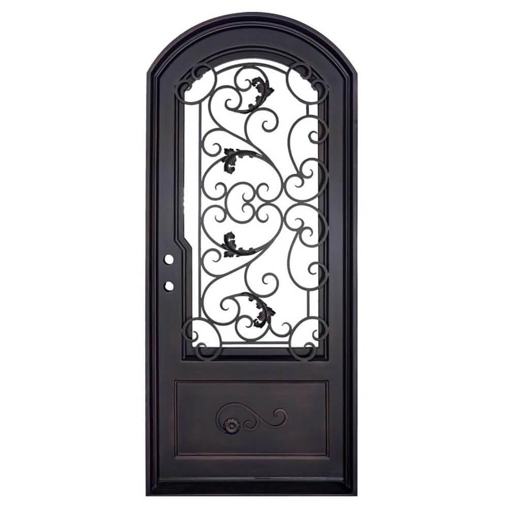 Hope single arch top hinged door with decorative metalwork.