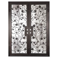Double entryway doors featuring a full pane of glass behind an intricate iron pattern on each door. Doors are thermally broken to protect from extreme weather.