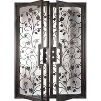 Double entryway doors featuring a full pane of glass behind an intricate iron pattern on each door. Doors are thermally broken to protect from extreme weather.