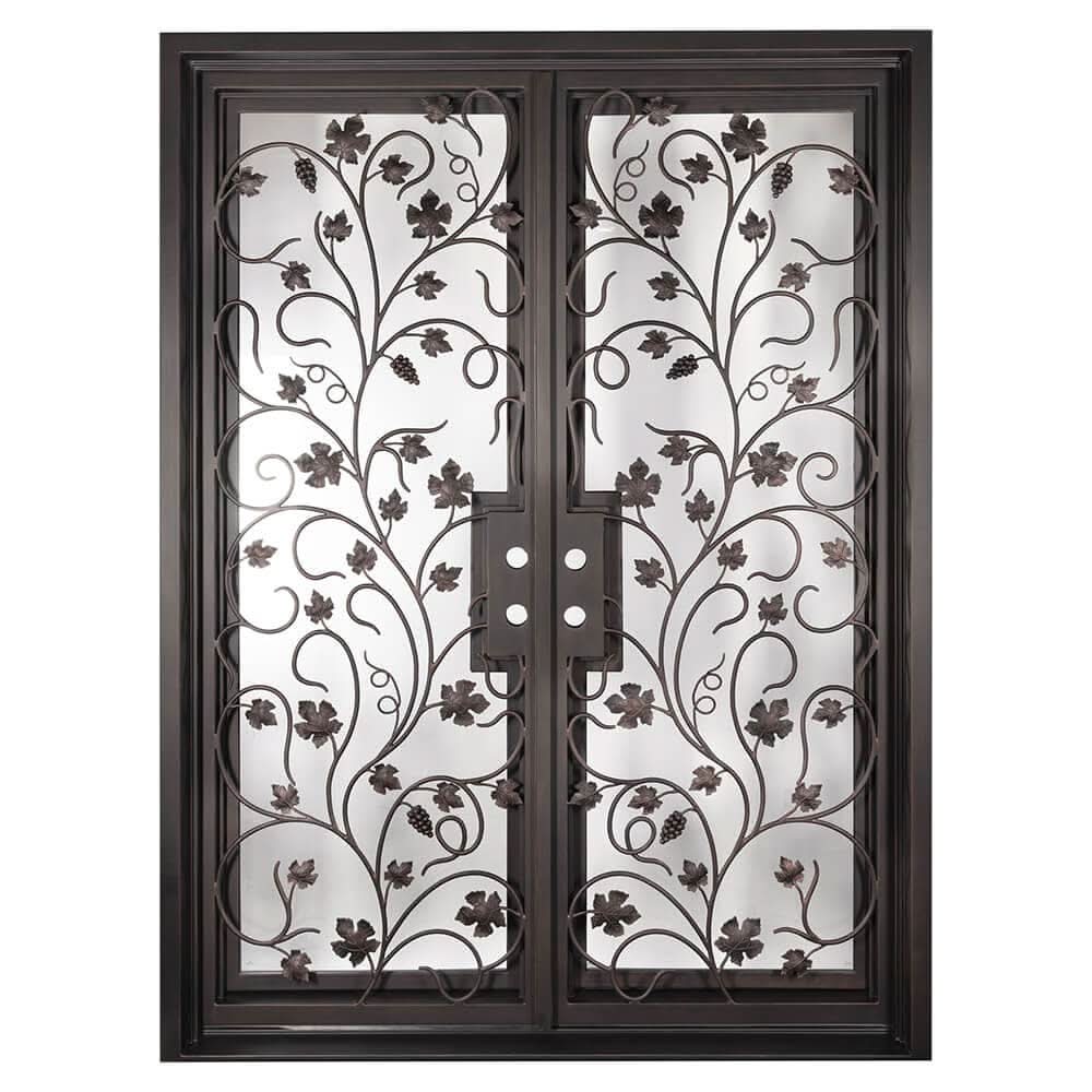 June black wrought iron double square top hinged door with decorative scrollwork.