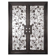 June black wrought iron double square top hinged door with decorative scrollwork.