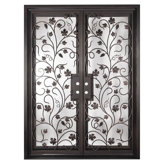 Double entryway doors featuring a full pane of glass behind an intricate iron pattern on each door. Doors are thermally broken to protect from extreme weather.