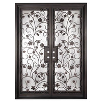 Double entryway doors featuring a full pane of glass behind an intricate iron pattern on each door. Doors are thermally broken to protect from extreme weather.