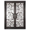 Double entryway doors featuring a full pane of glass behind an intricate iron pattern on each door. Doors are thermally broken to protect from extreme weather.
