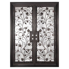 Load image into Gallery viewer, Double entryway doors featuring a full pane of glass behind an intricate iron pattern on each door. Doors are thermally broken to protect from extreme weather.