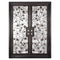 Double entryway doors made with a thick iron and steel frame, a single full pane of glass behind an intricate iron design on each door.