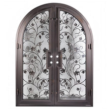 Load image into Gallery viewer, Double entryway doors featuring a full pane of glass behind an intricate iron pattern on each door and a full arch on top. Doors are thermally broken to protect from extreme weather.