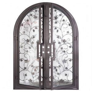 Double entryway doors featuring a full pane of glass behind an intricate iron pattern on each door and a full arch on top. Doors are thermally broken to protect from extreme weather.