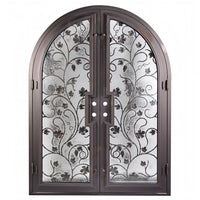 Double entryway doors featuring a full pane of glass behind an intricate iron pattern on each door and a full arch on top. Doors are thermally broken to protect from extreme weather.