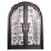 Double entryway doors made with a thick iron and steel frame, a single full pane of glass behind an intricate iron design on each door.