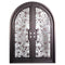 Double entryway doors featuring a full pane of glass behind an intricate iron pattern on each door and a full arch on top. Doors are thermally broken to protect from extreme weather.