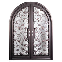Double entryway doors featuring a full pane of glass behind an intricate iron pattern on each door and a full arch on top. Doors are thermally broken to protect from extreme weather.