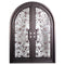 Double entryway doors featuring a full pane of glass behind an intricate iron pattern on each door and a full arch on top. Doors are thermally broken to protect from extreme weather.