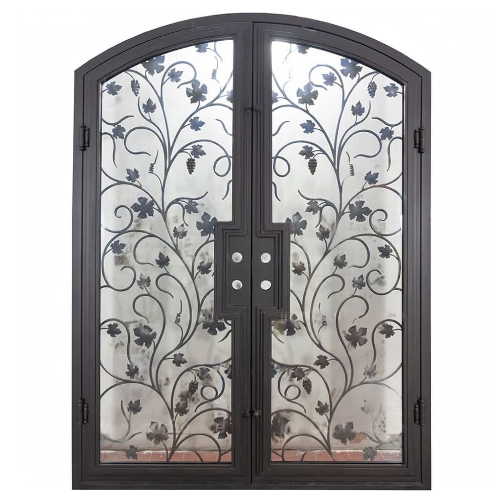 June entry door in bronze color with efficient glass and arch top.