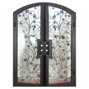 Double entryway doors made with a thick iron and steel frame, a single full pane of glass behind an intricate iron design on each door, and a slight arch on top. Door is thermally broken to protect from extreme weather.