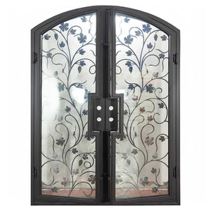 Double entryway doors made with a thick iron and steel frame, a single full pane of glass behind an intricate iron design on each door, and a slight arch on top.